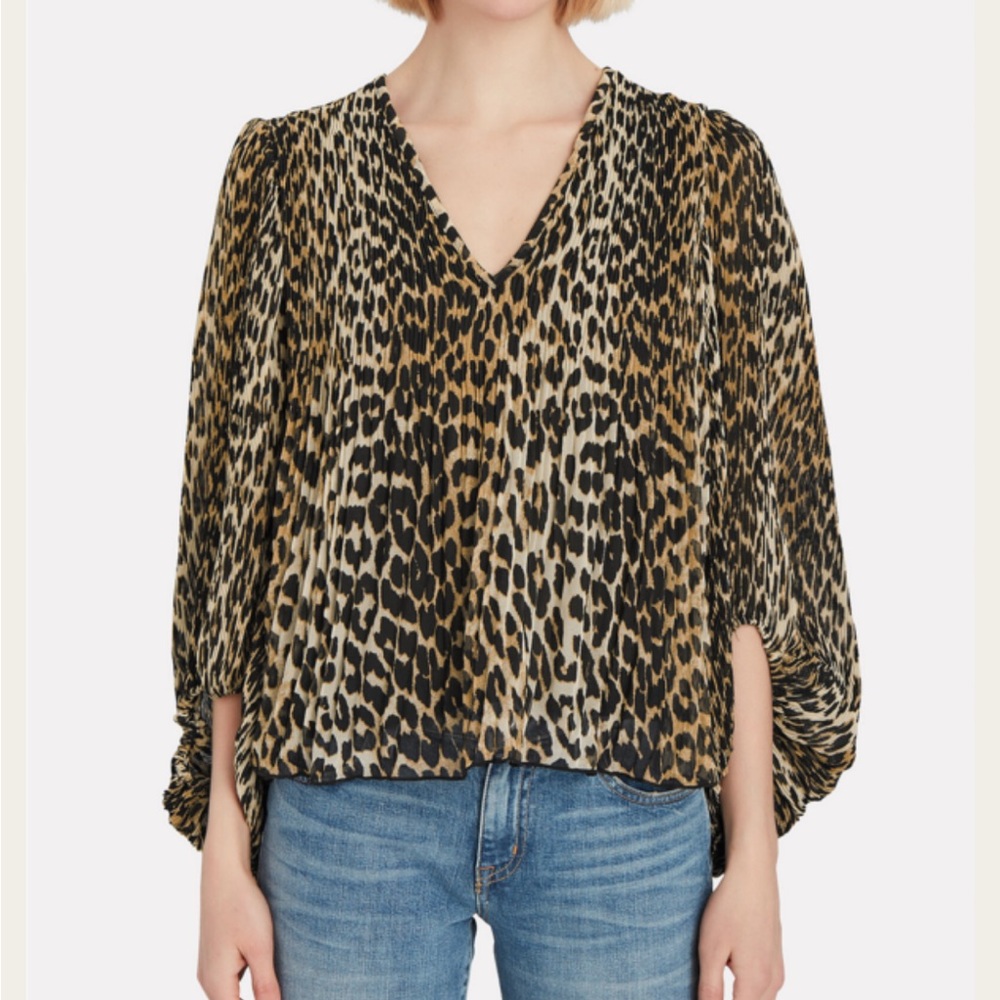 New Ganni plated georgette Leopard Top Blouse size M - Picture 5 of 15